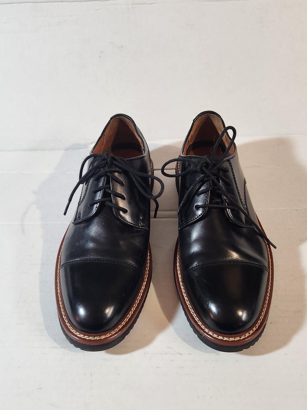 Johnston & Murphy Black Leather Cap-Toe Derby with Brown Welt